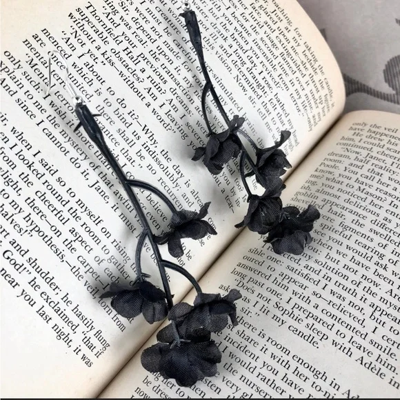 Black Flower Stem Dangle Earrings - Picture 7 of 7
